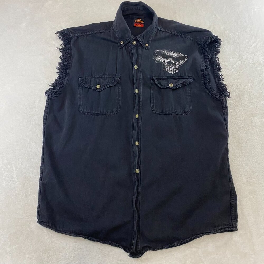 Hot Leathers Men's 'Shredder Skull' Black Sleeveless Denim Button Down Vest